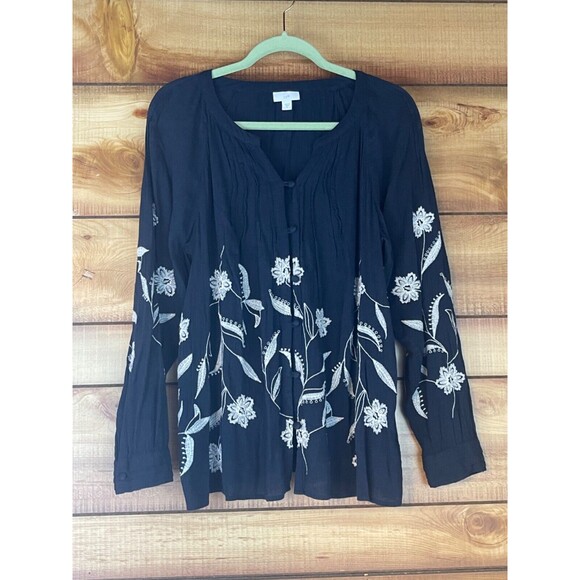 J Jill Womens Tunic Top Medium Embroidered Floral Boho Long Sleeve Button Blue‎ - Picture 1 of 9